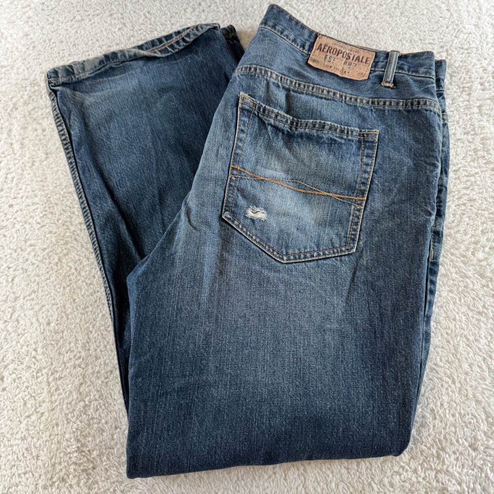 Aeropostale Essex Straight Leg Jeans Mens 36x30 Blue Distressed Denim Pants